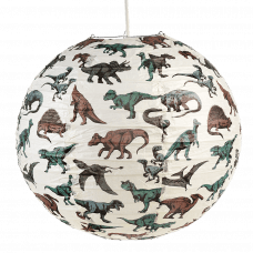 Paper lampshade with illustrations of dinosaurs fully assembled and hung from light fitting