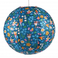 Paper lampshade with illustrations of fairies among flowers fully assembled and hung from light fitting