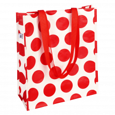 Recycled plastic shopping bag in cream with red spots