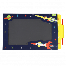 Magic Slate toy in navy blue with space rockets, stars and planet design