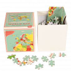 World Map puzzle pieces and guide sheet in box
