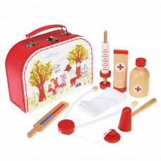 All wooden doctor's play set pieces with carrying case