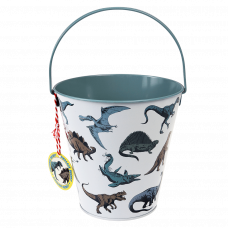 Metal bucket in white and blue-green with print of dinosaurs