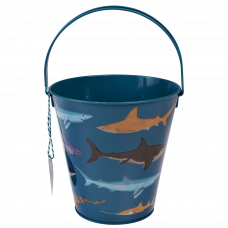 Metal bucket in dark blue with print of sharks