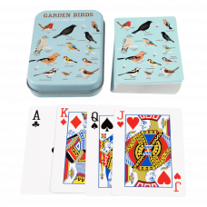 Standard deck of playing cards with print of garden birds on blue background on backs plus metal tin