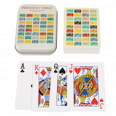 Standard deck of playing cards with print of periodic table on ecru background on backs plus metal tin
