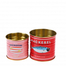 Mini metal storage tins in pink and red with mackerel and anchovy branding