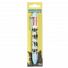 Six colour ballpoint pen with dinosaur print in packaging
