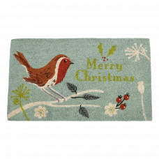Coir doormat with Christmas print featuring robin perched on tree branch