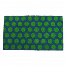 Coir doormat with green spots on blue coloured surface