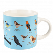Ceramic mug in light blue and white with print of various garden birds