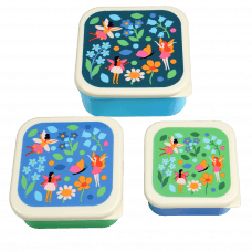 Three plastic snack boxes large medium and small featuring prints of fairies amongst flowers