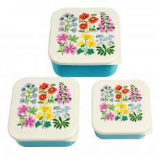 Three plastic snack boxes large medium small featuring wild flower pattern