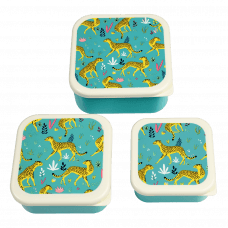 Three plastic snack boxes large medium small featuring prints of cheetahs