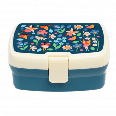 Dark blue lunch box with cream and dark blue lid featuring print of fairies amongst flowers