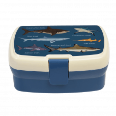 Dark blue lunch box with cream and dark blue lid featuring images of sharks