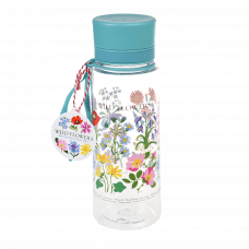 Plastic water bottle with blue lid wild flower pattern