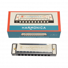 Metal and plastic harmonica and box
