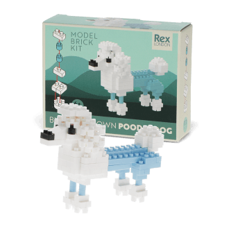 completed white and light blue poodle brick model alongside the packaging