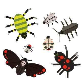 seven cardboard insect models