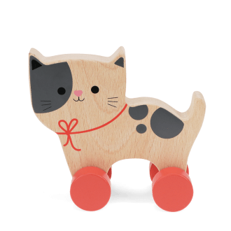 wooden push-along cat toy with red wheels