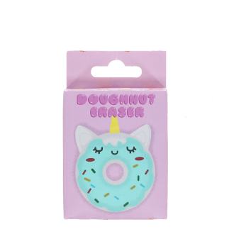 Doughnut-shaped unicorn eraser inside original retail packaging