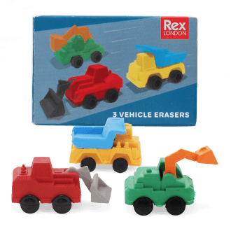Truck-shaped erasers with packaging box displayed in the background