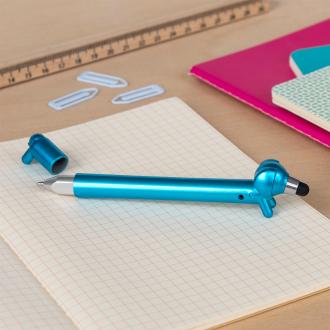 blue sausage dog stylus ballpoint pen with cap off, lying on a notebook