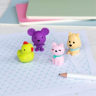 Four animal-shaped erasers in different colours.