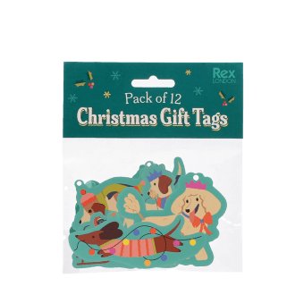 A package of 12 Christmas gift tags featuring dog designs
