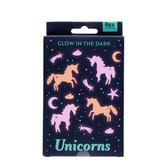 Package of glow-in-the-dark unicorn printed with unicorns, stars, moons, and clouds