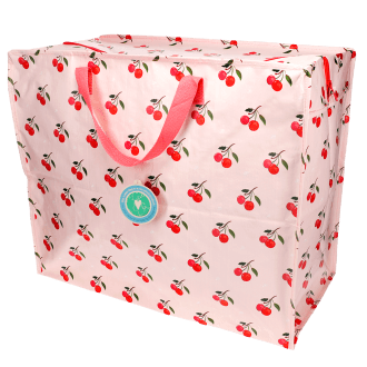 large rectangular bag with a cherry pattern on a light pink background