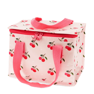 Insulated lunch bag decorated with cherry pattern on a light pink background 