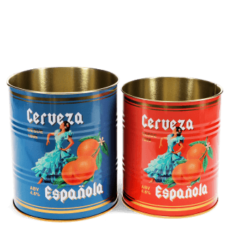 Two cylindrical storage tins, one blue and one red, featuring a vintage-style design with a woman in a traditional Spanish dress