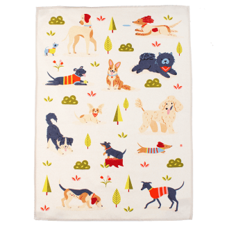 Cotton tea towel featuring an illustration of various dog breeds in playful poses
