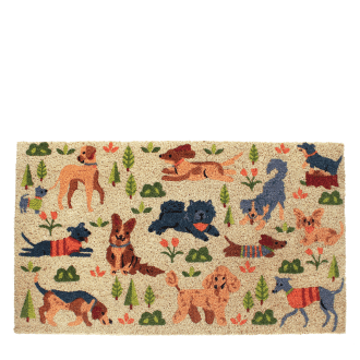 Colourful doormat featuring various dogs in different poses and colors 