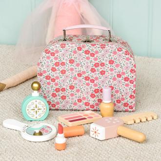 wooden makeup case with showing mirror, perfume bottle, lipstick and comb