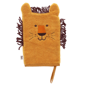 bath mitt shaped like a lion with brown yarn in orange