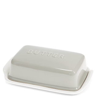 Rectangular butter dish with grey lid embossed with the word 'BUTTER