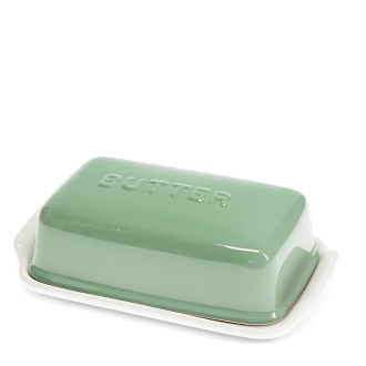 Rectangular butter dish with green lid embossed with the word 'BUTTER