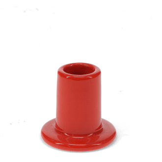 Red ceramic candle holder with a cylindrical shape and wide flat base