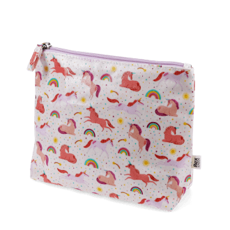 Wash bag in pale pink featuring colourful illustrations of unicorns, rainbows and stars with tag