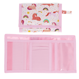 Wallet in pink featuring colourful illustrations of unicorns, rainbows and stars with open cards slot