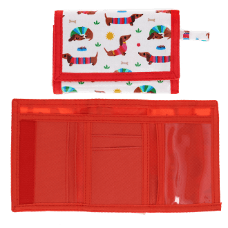 Wallet in white featuring colourful illustrations of sausage dog wearing striped jumper with open cards slot