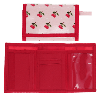 Wallet in pink featuring colourful illustrations of red cherry print with open cards slot