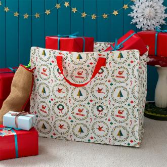 Christmas storage bag with classic designs, filled with presents
