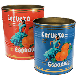 Two cylindrical tins with red and blue designs, featuring a woman in a blue dress, oranges, and 'Cerveza Española' text