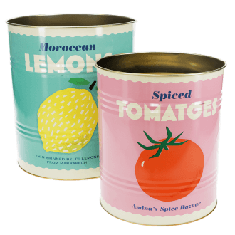 Two retro-style storage tins featuring one with a lemon print and one with a tomato print in different colour