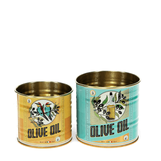 Two vintage-style olive oil-themed storage tins.