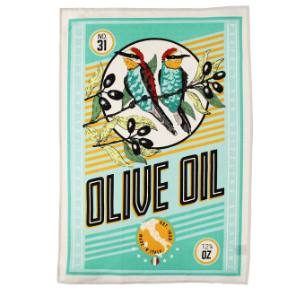 cotton tea towel featuring olive oil and birds print 
